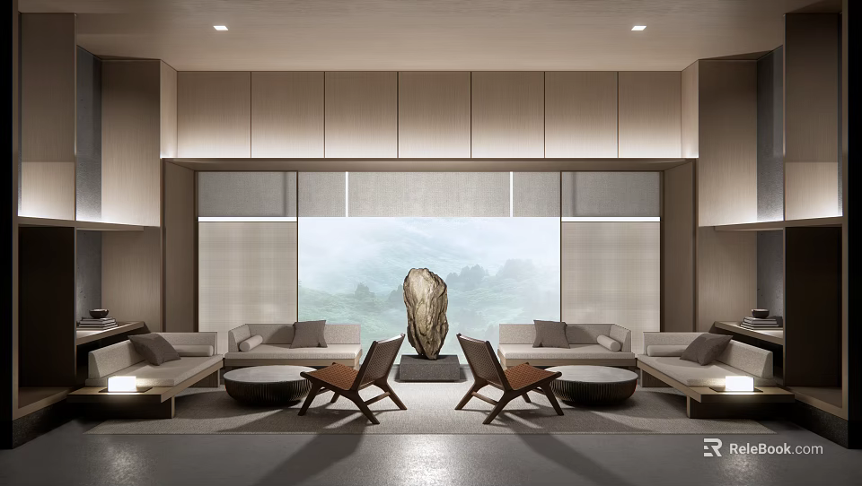 Hotel Public Lounge Area With Comfortable Sofas Wooden Chairs And Mountain Landscape Backdrop 3d model 