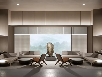 Hotel Public Lounge Area With Comfortable Sofas Wooden Chairs And Mountain Landscape Backdrop 3d model