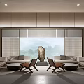 Hotel Public Lounge Area With Comfortable Sofas Wooden Chairs And Mountain Landscape Backdrop