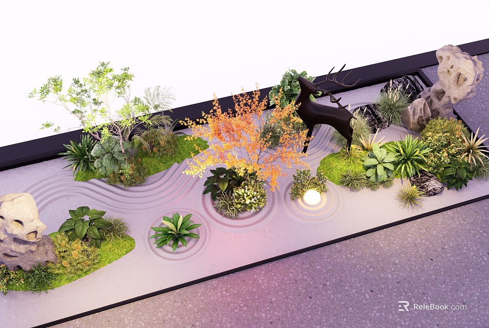 Indoor Landscape Design With Green Plants Orange Leaved Tree Wavy Ground Round Lights And Stones 3d model 