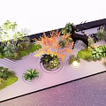 Indoor Landscape Design With Green Plants Orange Leaved Tree Wavy Ground Round Lights And Stones