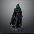 Man in Hooded Green Cloak with Red Belt Standing on Stone Base