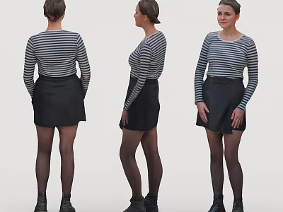 Woman In Striped Top Black Skirt Stockings And Boots Three Angles View 3d model