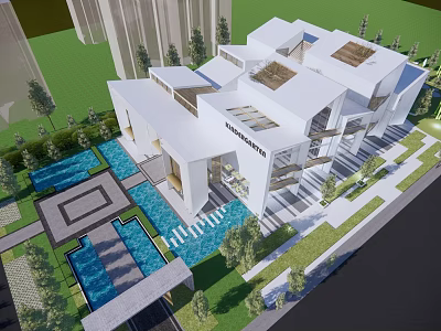 Modern White Sales Office Building Featuring Glass Facade Skylights Water Pools And Green Plants 3d model