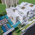 Modern White Sales Office Building Featuring Glass Facade Skylights Water Pools And Green Plants