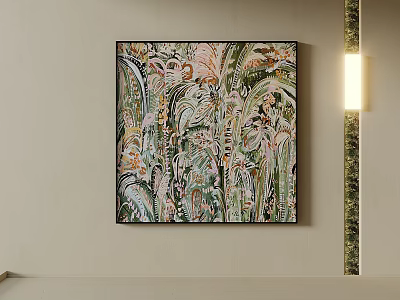Vibrant Abstract Painting Hanging On Light Colored Wall With Colorful Lines And Decorative Lamp 3d model