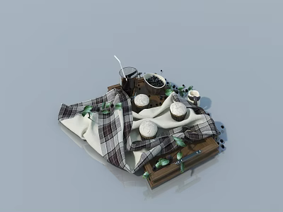 Tableware Set on Wooden Tray with Plaid Cloth White Cups Dark Beverage and Green Decorations 3d model