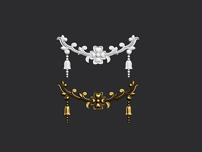 White and Golden Carved Decorative Ornaments Featuring Floral Patterns and Hanging Pendants 3d model