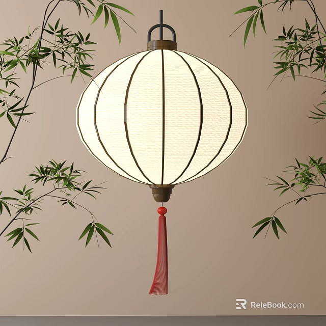 Traditional White Fabric Lantern With Black Frame Red Tassel And Bamboo Branches 3d model 