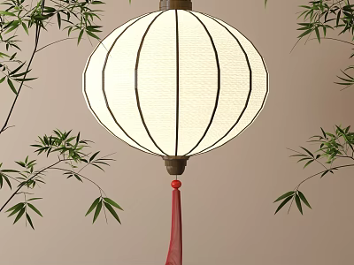 Traditional White Fabric Lantern With Black Frame Red Tassel And Bamboo Branches 3d model