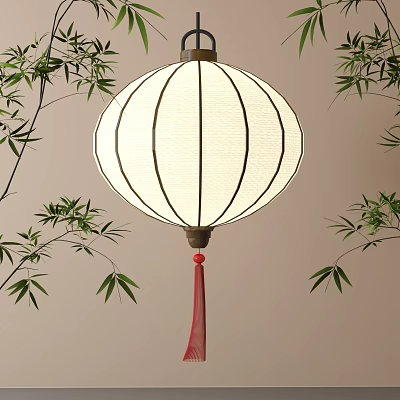 Traditional White Fabric Lantern With Black Frame Red Tassel And Bamboo Branches 3d model