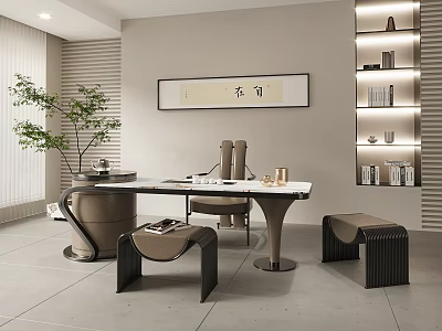 Modern Tea Room Interior Design With Stylish Table Comfortable Chairs Decorative Art And Green Plant 3d model