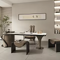 Modern Tea Room Interior Design With Stylish Table Comfortable Chairs Decorative Art And Green Plant