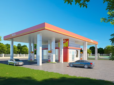Modern Gas Station Red Orange Canopy White Columns Cars Fueling Green Grass Blue Sky 3d model