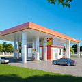 Modern Gas Station Red Orange Canopy White Columns Cars Fueling Green Grass Blue Sky