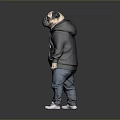 Pug Dressed In Black Hoodie Blue Jeans And White Sneakers On Gray Background