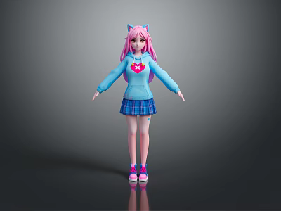 Cute Game Movie Character with Pink Hair Cat Ears Blue Hoodie Pink Heart and Plaid Skirt 3d model