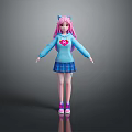 Cute Game Movie Character with Pink Hair Cat Ears Blue Hoodie Pink Heart and Plaid Skirt