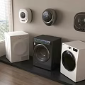 Modern Washing Machines In Various Colors On Wooden Floor With Wall Mounted Units