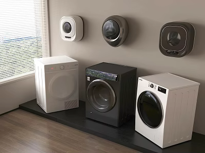 Modern Washing Machines In Various Colors On Wooden Floor With Wall Mounted Units 3d model