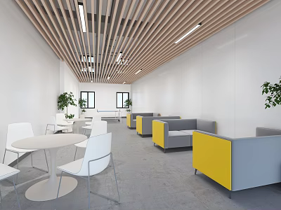 Modern Office Interior Design With Open Layout Yellow Gray Sofas And Wooden Ceiling 3d model
