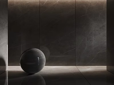 Sleek Black Decorative Sphere In Modern Minimalist Interior With Dark Marble Walls And Floor 3d model