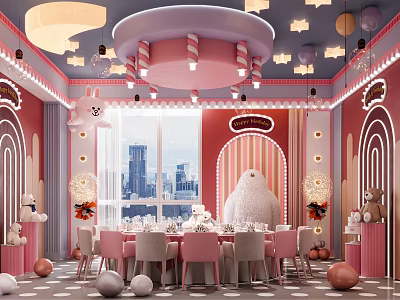 Pink Themed Private Dining Room With Cartoon Elements And City View 3d model