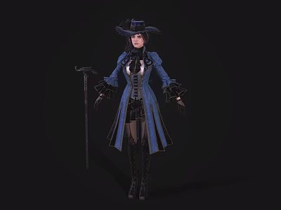 Woman in Blue Coat with Hat Holding Cane Against Black Background 3d model