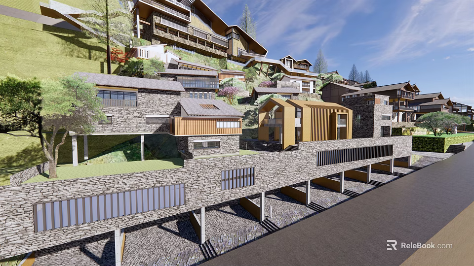 Hilltop Mountain Guesthouse Architecture With Wooden Structures And Terraced Design 3d model 