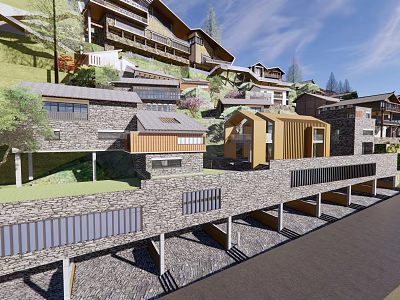 Hilltop Mountain Guesthouse Architecture With Wooden Structures And Terraced Design 3d model