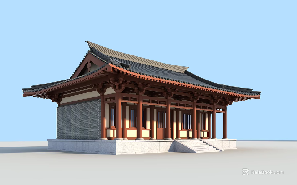 Ancient Chinese Architecture With Traditional Roof Wooden Columns And Gray Brick Walls 3d model 
