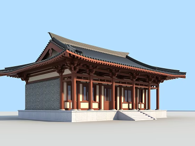 Ancient Chinese Architecture With Traditional Roof Wooden Columns And Gray Brick Walls 3d model