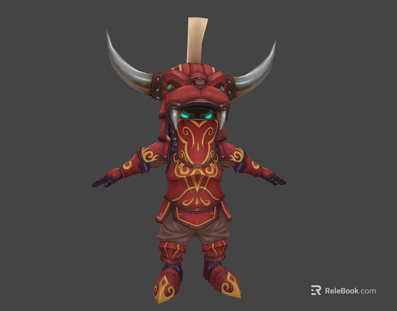 Armored Horned Warrior Character With Red Samurai Armor And Green Eyes 3d model 