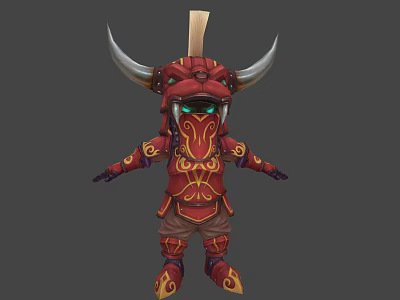 Armored Horned Warrior Character With Red Samurai Armor And Green Eyes 3d model