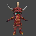 Armored Horned Warrior Character With Red Samurai Armor And Green Eyes