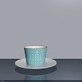 Light Blue Geometric Pattern Cup On White Saucer Over Smooth Gray Dining Table 3d model