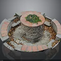 Rustic Stone Well Structure With Circular Red Gray Brick Border And Green Plants On Top