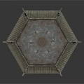 Traditional Chinese Pavilion With Hexagonal Tiled Roof Ornate Eaves And Central Painted Circular Design