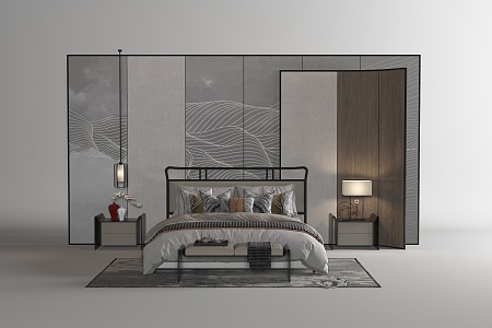 New Chinese background double bed 3d model