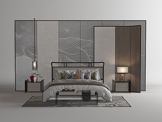 New Chinese background double bed 3d model