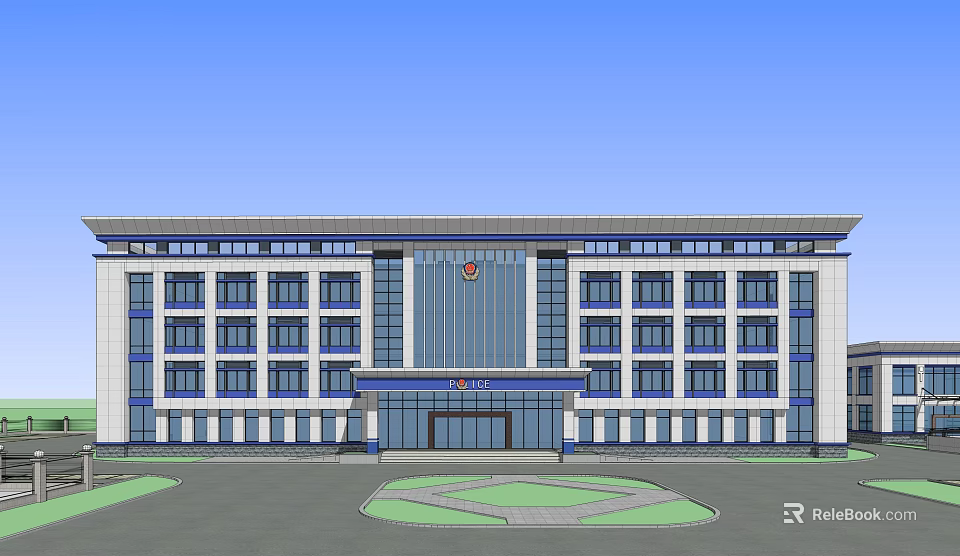 Modern Multi Story Office Building With Glass Facade And Landscaped Entrance Area 3d model 