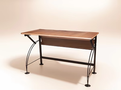 Wooden Top Desk With Curved Black Metal Legs And Stable Structure Design 3d model