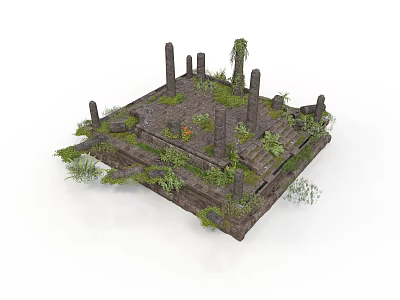 Ancient Stone Platform Ruins Featuring Weathered Columns Overgrown Plants And Lush Moss 3d model
