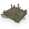 Ancient Stone Platform Ruins Featuring Weathered Columns Overgrown Plants And Lush Moss