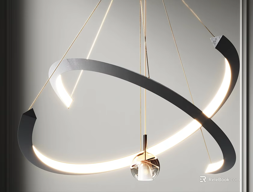 Modern Circular Chandelier with Black Metal Frame LED Light Strips and Transparent Sphere 3d model 