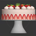 Layered Strawberry Cake With White Cream And Fresh Strawberry Decorations On White Stand