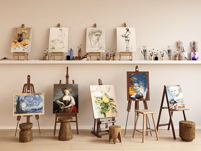 Art Supplies and Musical Instruments with Easels Paintings Brushes in Creative Studio 3d model