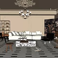 Elegant Living Room With Beige Walls Ornate Chandelier White Sofa Marble Coffee Table Geometric Rug