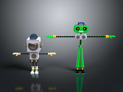 Two Robot Characters With Square Head And Tall Green Limbs In 3D Illustration 3d model