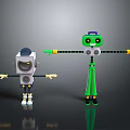 Two Robot Characters With Square Head And Tall Green Limbs In 3D Illustration